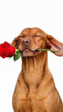 Golden Retriever Dog Holding a Red Rose with Eyes Closed