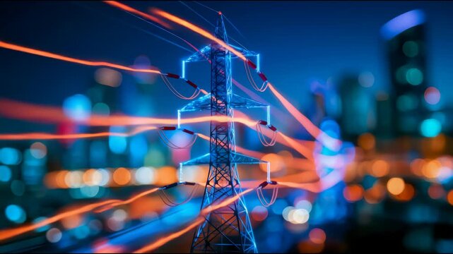 High-voltage electricity transmission tower with glowing energy lines against a vivid blue and pink sunset landscape