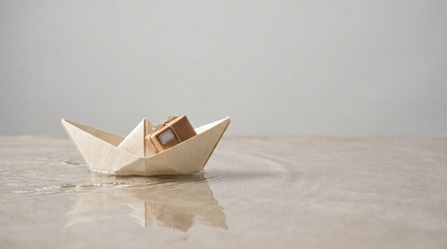 A small origami paper boat floating on a water surface with gentle ripples and reflections, symbolizing journey, travel, creativity, and fragile dreams in a minimalist composition