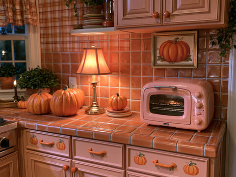 Charming pink retro kitchen decorated with glowing jack-o'-lanterns, fairy lights and cute pumpkin decals on cabinetry.
