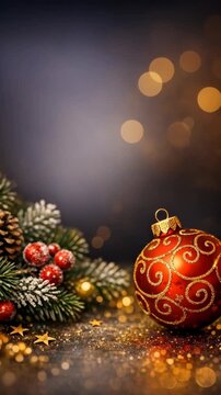 Festive Red Christmas Ornament with Gold Filigree and Pine Branch