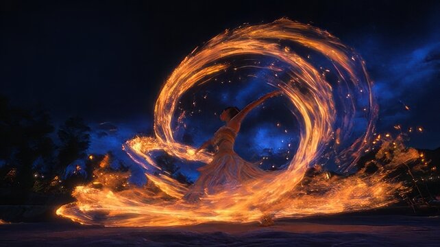 Fire dancer or performer spinning props like fire poi at night, creating swirling, fiery orange and yellow light trails