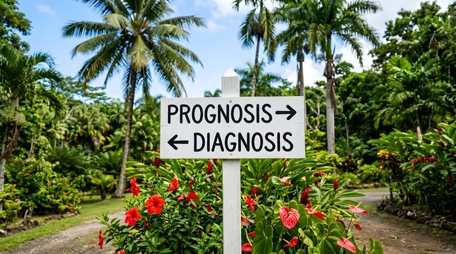 A charming rustic wooden sign directs the way to prognosis and diagnosis amid beautiful tropical plants and colorful blooming flowers