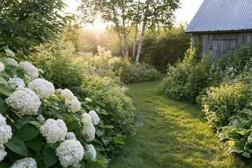Obraz premium The Hydrangea Garden Path Amid Sunlight by a Rustic Shed