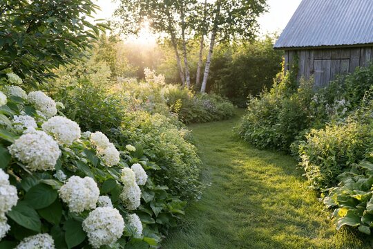 The Hydrangea Garden Path Amid Sunlight by a Rustic Shed