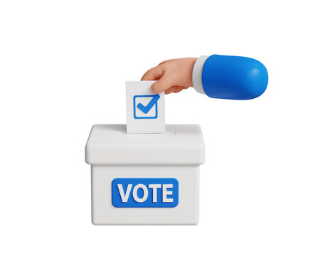 Vote into a ballot box during elections. Casting a vote in ballot box. Putting market paper in ballot box. Voting or elections concept. White ballet box Voting icon on transparent background.3d render