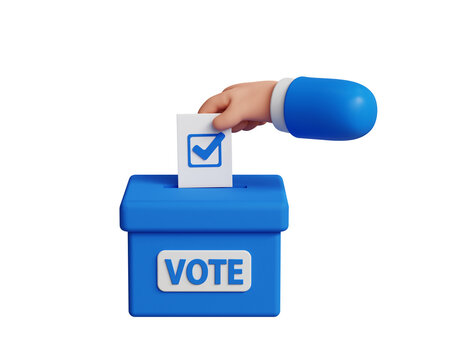 Vote into a ballot box during elections. Casting a vote in ballot box. Putting market paper in ballot box. Voting or elections concept. Blue ballet box Voting icon on transparent background. 3d render