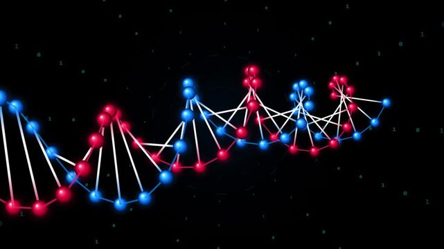 Digital dna double helix structure representing genetic engineering and biotechnology on a dark background