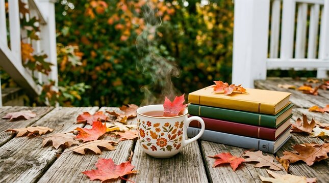 A peaceful autumn moment featuring a warm cup of tea and a comforting pile of books with vibrant fallen leaves nearby