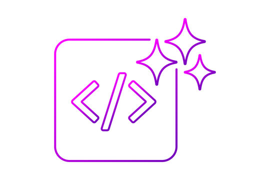 Artificial Intelligence AI Outline Code Brackets Icon in Purple Frame with Sparkles isolated on transparent background smart coding script