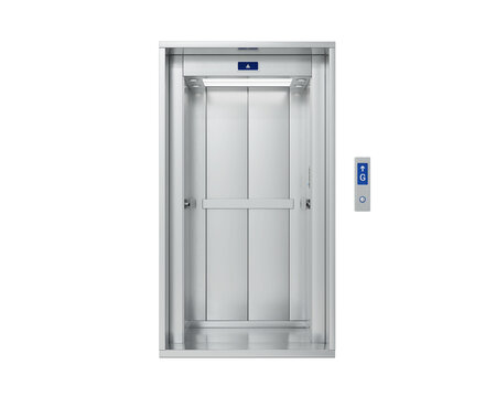 Elevator with open doors front view on transparent background. Open elevator icon. Metal lift doors. 3d render