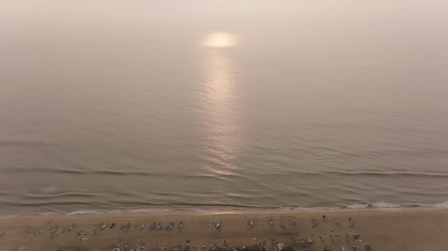 Abstract Aerial View of Ocean Waves and Sandy Beach Coastline in Chennai