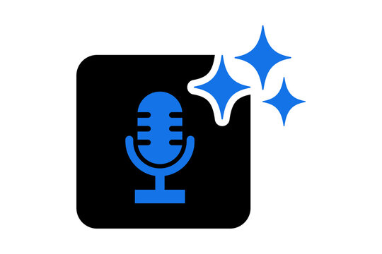 Artificial Intelligence AI Voice Audio Microphone Icon in Blue Frame with Sparkles isolated on transparent background smart speech recognition sound recording