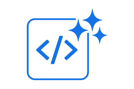Artificial Intelligence AI Code Programming Icon in Light Blue Frame with Sparkles isolated on transparent background smart development coding bracket script