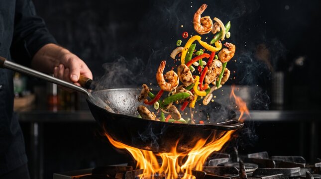 Action shot of stir fry tossed in a hot wok with flying shrimp, chicken, colorful bell peppers, sizzling flames and realistic steam on dark background