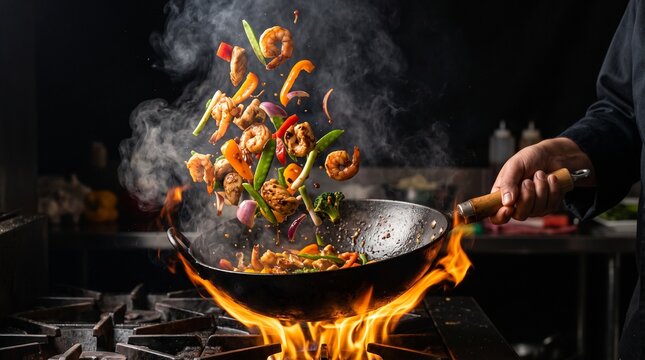 Action shot of stir fry tossed in a hot wok with flying shrimp, chicken, colorful bell peppers, sizzling flames and realistic steam on dark background