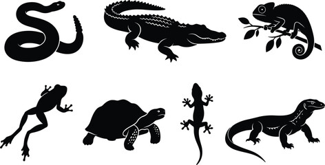 Obraz premium Reptiles and Amphibians Silhouette Vector Set