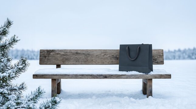 Snow-covered wooden bench with gift bag in winter landscape