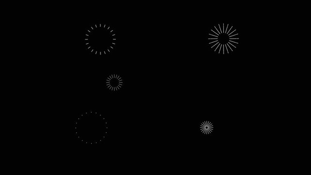 Firework Display Bursting Circle Transition Animation on Black Screen, Shiny Blast Lines and Glowing Highlights, Pop Up Night Sky Fireworks Effect, Flat Cartoon Vector Motion Graphics, 4K Loop