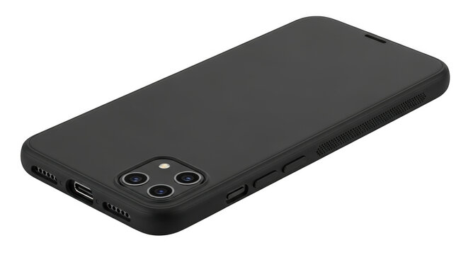 Black smartphone with back camera isolated on transparent background