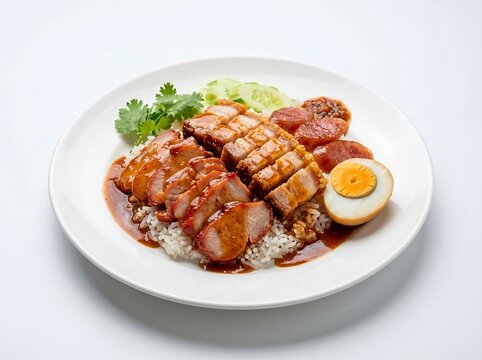 Thai Red Roast Pork and Crispy Pork Belly Rice with Chinese Sausage and Boiled Egg. Khao Moo Dang Moo Krob. Thai street food, Asian culinary cuisine, traditional recipes, restaurant menu