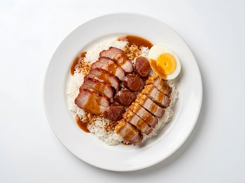 Thai Red Roast Pork and Crispy Pork Belly Rice with Chinese Sausage and Boiled Egg. Khao Moo Dang Moo Krob. Thai street food, Asian culinary cuisine, traditional recipes, restaurant menu