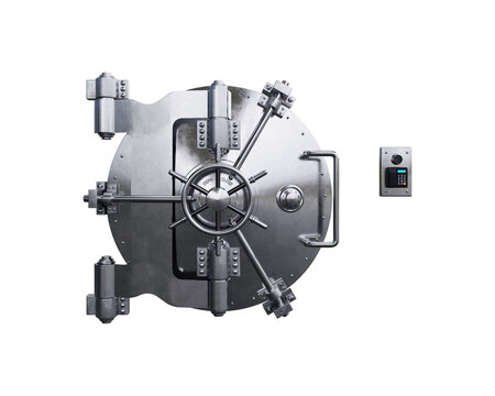 Closed vault door icon on transparent background. Modern bank vault door with eye scanner and password entry. 3d render