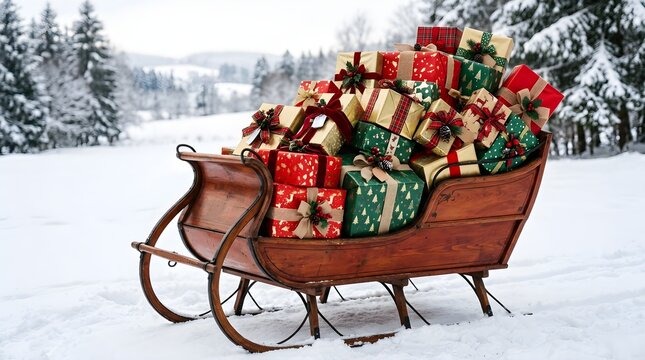An overflowing antique wooden sleigh is abundantly filled with many beautifully wrapped christmas presents in a peaceful snowy winter landscape