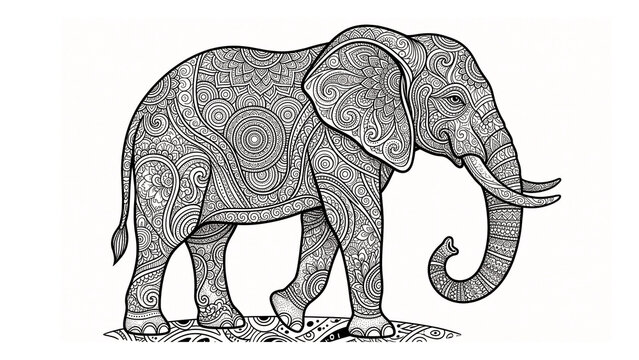 Detailed Zentangle Elephant Adult Coloring Page Black Line Art