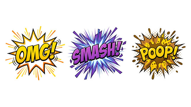 Comic book style speech bubbles, vibrant pop art explosion graphics, dynamic cartoon sound effects, expressive visual communication elements for design projects
