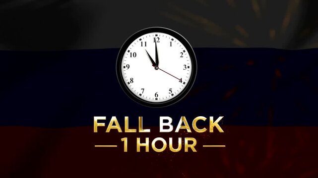 Daylight saving time concept showing a wall clock with text fall back one hour against a dark background