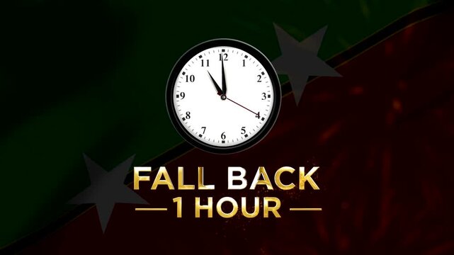 Daylight saving time concept showing a wall clock with text fall back one hour against a decorative background