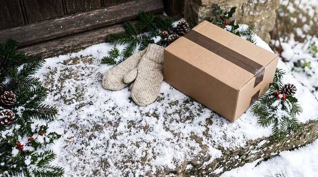 Winter gift box with mittens on snowy wooden surface outdoors