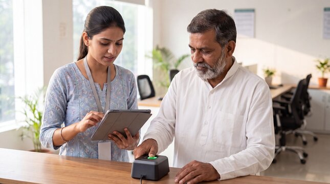Senior Indian man using biometric fingerprint scanner with female bank agent at modern microfinance center, financial inclusion copy space.
