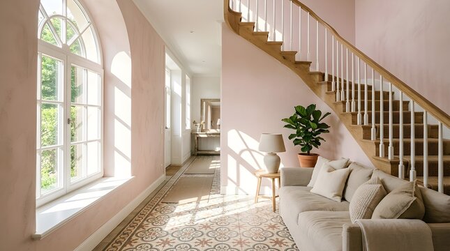 A luminous and spacious hallway features a magnificent staircase and a beautiful large arched window establishing a warm inviting home interior