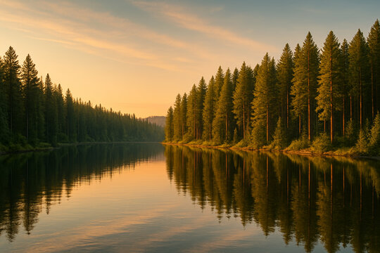 Still forest lake reflecting tall conifers beneath a golden sky