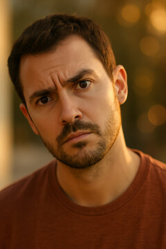 Frowning man with a furrowed brow against warm blurred highlights