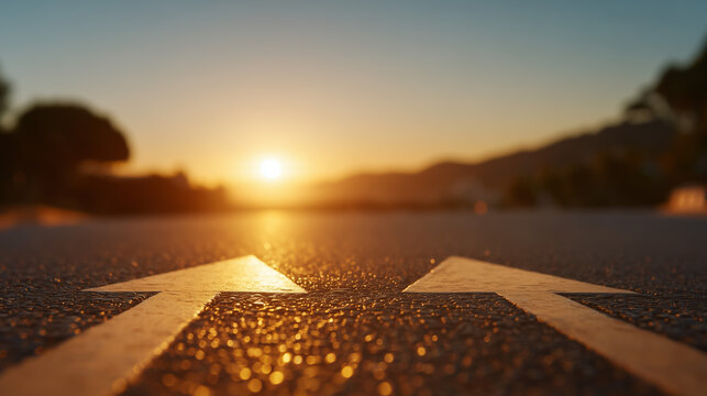 Two white forward arrows painted on a rural sunset road
