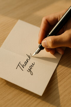 Hand writing thank you on a cream card with ink