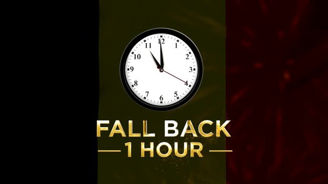 Daylight saving time concept showing a wall clock with text indicating to fall back one hour for the season