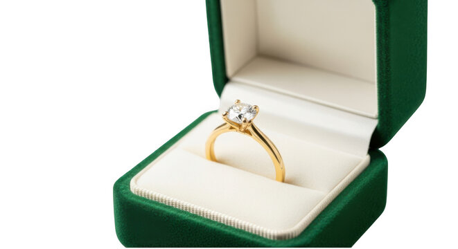 Gold diamond ring in green box isolated on transparent background
