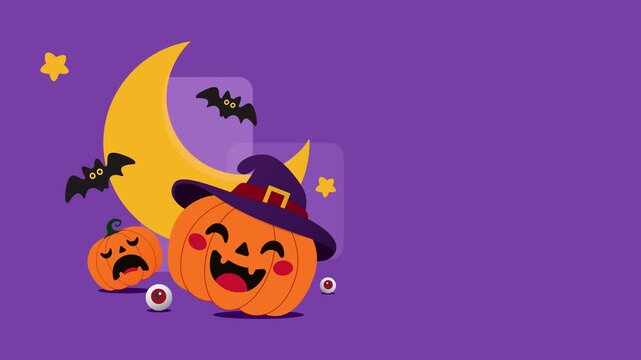 Animated Halloween scene with pumpkin, witch hat, moon, bats, ghost, skull, and eyeballs