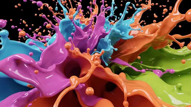 Vibrant abstract paint splash burst with glossy textures and bright multi-colored liquid explosions on a black background.