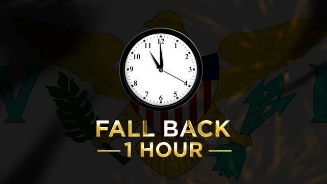 Daylight saving time concept with a clock showing fall back one hour against a flag background