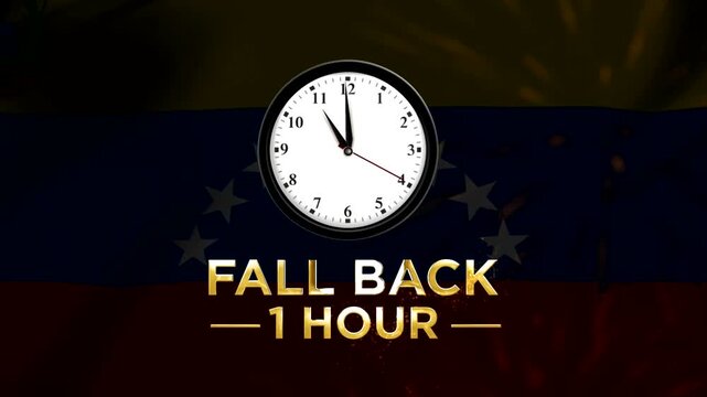 Daylight saving time concept with a clock showing fall back one hour against a national flag background