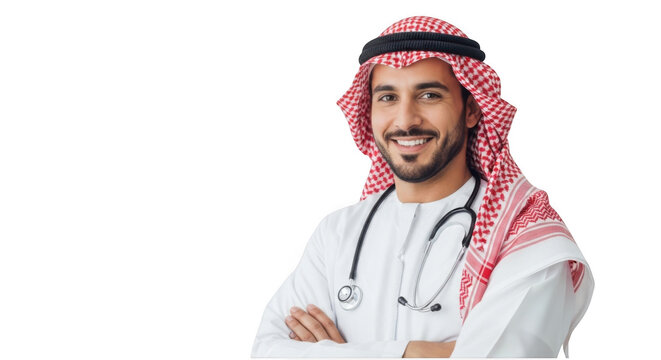 Smiling arab doctor with stethoscope isolated on transparent background