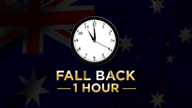 Daylight saving time concept with a clock showing fall back one hour against an Australian flag background