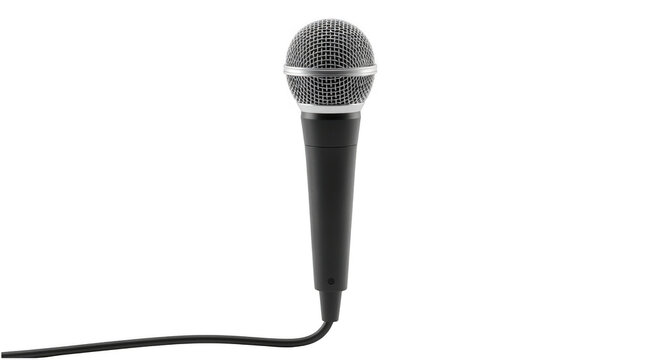 Black vocal microphone with cable isolated on transparent background