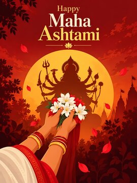 Happy maha ashtami greeting card with goddess durga silhouette and flower offering