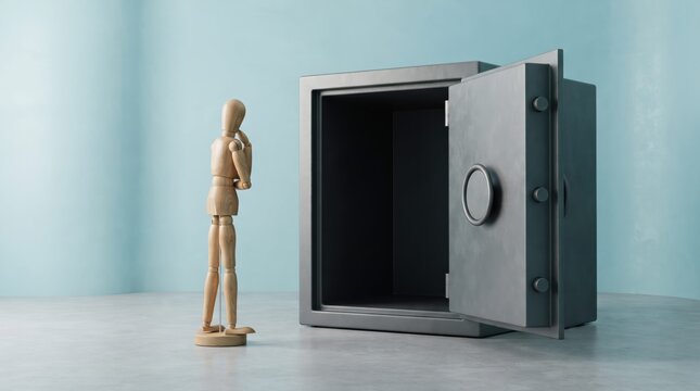 Small wooden figure standing near an open safe
